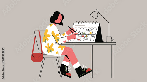 Woman Actively Planning Schedule and Organizing Events on a Desktop Calendar with Icons for Travel and Daily Tasks