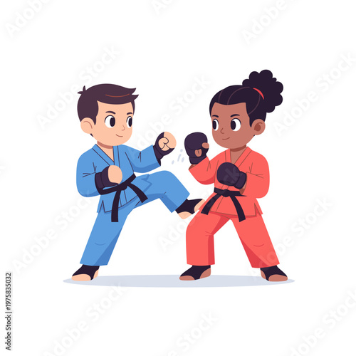 Two children sparring in martial arts uniforms on white background. Youth martial arts sparring