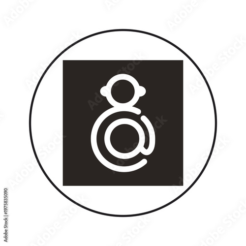 Minimalist graphic symbol representing a person and an ampersand inside a circle on a dark background