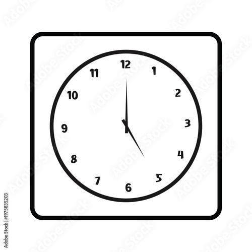 Simple black and white analog clock face with numbers and hands indicating the time