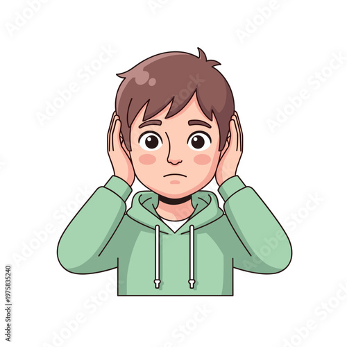 Adolescent boy covering ears with hands and expressing discomfort  