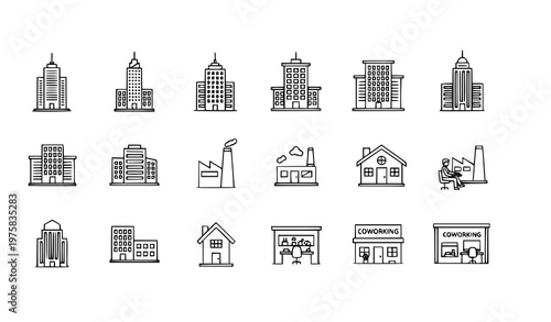 SEO Title:
Buildings and Office Icon Set Vector Collection Thin Line Editable Stroke Minimalist Black Icons on White Background