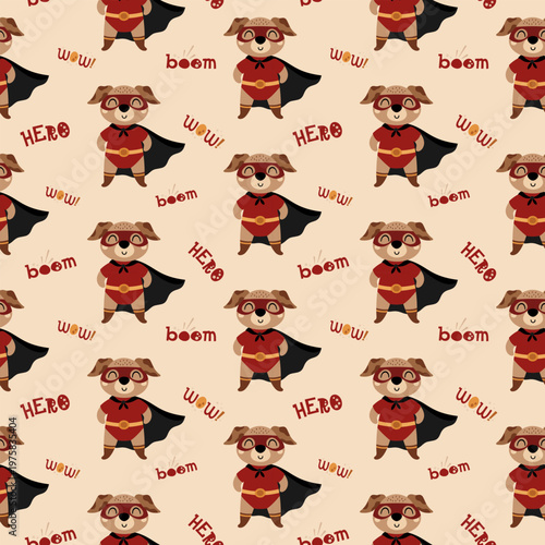 Superhero Dog Seamless Pattern. Comic Background. Cartoon Hero Animal Vector Repeat Design.