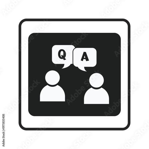Two stylized people icons with Q and A speech bubbles representing a question and answer session