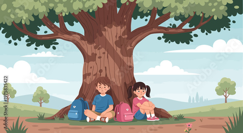 Two happy children sitting under a large tree, enjoying a moment of rest.