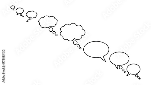 Clouded Thoughts: A visual narrative unfolds as a sequence of thought bubbles ascends diagonally, each representing a stage of contemplation. From simple ideas to expansive thoughts.