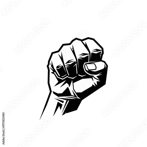 Black and white illustration of a clenched fist raised upwards against a white background.