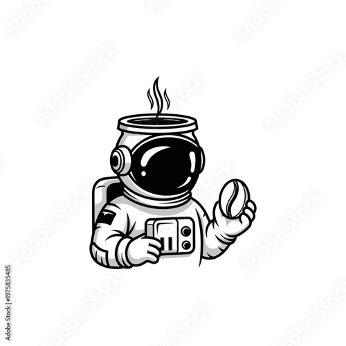 Astronaut holding coffee bean, steam rising from helmet, space exploration and caffeine concept