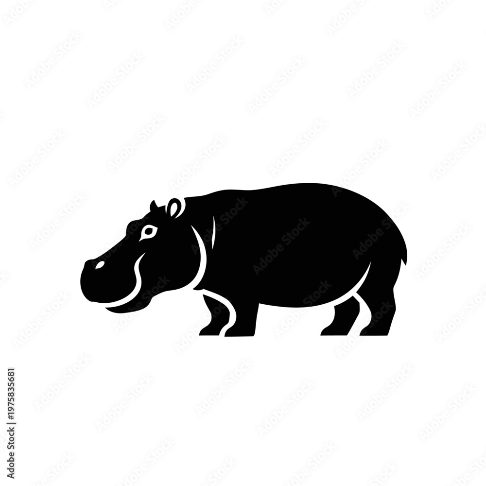 Fototapeta premium Black Silhouette of a Hippopotamus on White Background, Vector Graphic