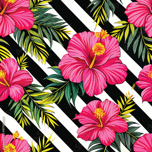 Vibrant pink hibiscus flowers and lush leaves on striped background