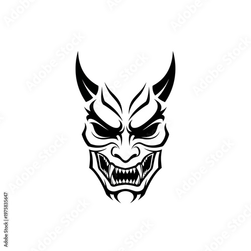Black Oni Mask Tattoo Design - Japanese Demon Face Illustration