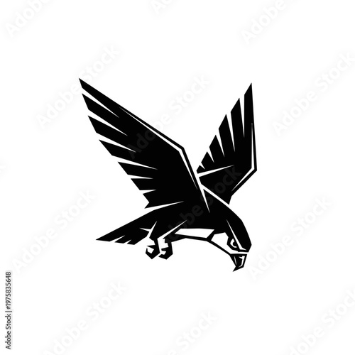 Black falcon silhouette in flight, predatory bird logo, sharp wings, white background