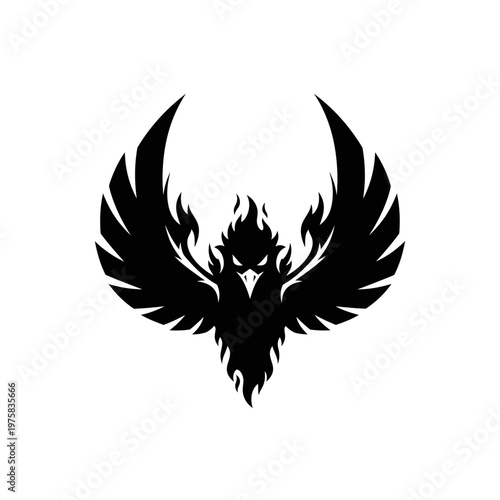 Black phoenix silhouette with open wings, fiery appearance, on white background