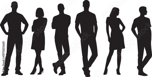 Black silhouettes of a diverse group of standing men and women isolated on white