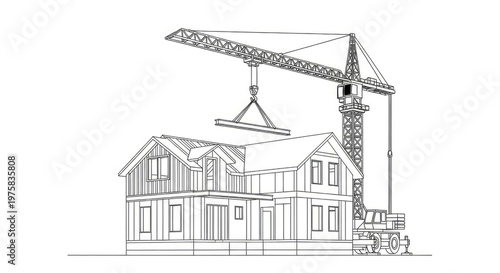 House construction illustration with crane architectural line art on white background
