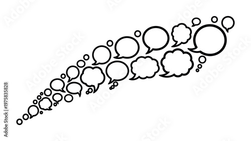 Dialogue in Flight: A dynamic visual symphony of speech bubbles, soaring across a space, each one a vessel of thought and discourse, set against a pristine backdrop.