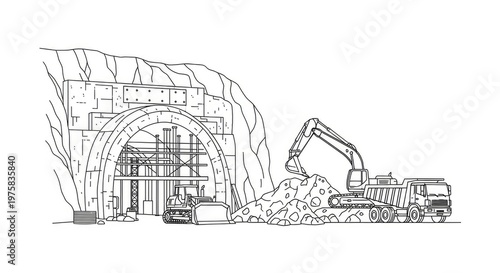 Tunnel construction site with excavator and dump truck vector illustration
