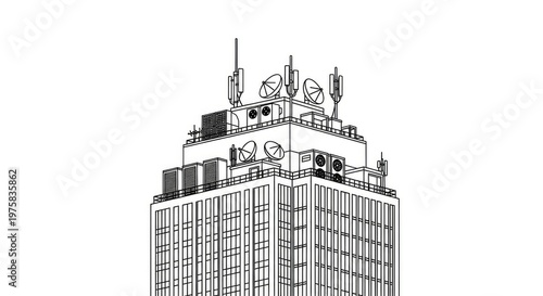 Modern building rooftop with antennas and satellite dishes illustration