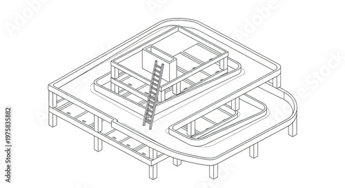 Isometric view of a multi level building with a ladder construction concept