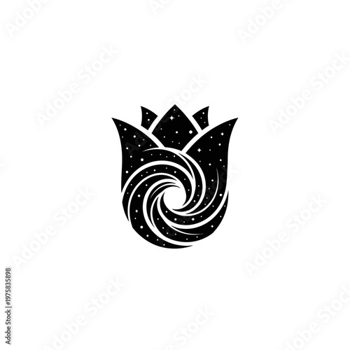 Cosmic Rose Flower Logo with Stars and Swirl Galaxy - Black and White