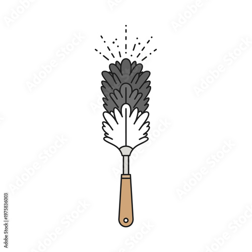 Feather Duster with Dust Particles, Cleaning Tool Icon, Vector Illustration