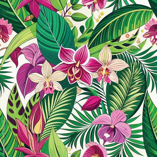 Vibrant tropical leaves and orchid flowers in seamless pattern