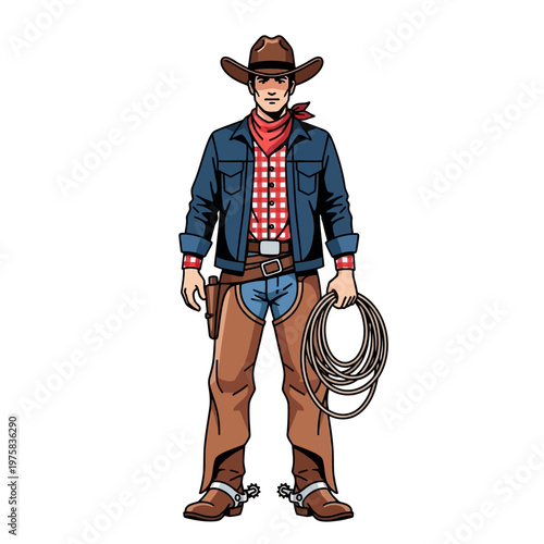 Cowboy with Lasso and Revolver, Western Style, Cartoon Character