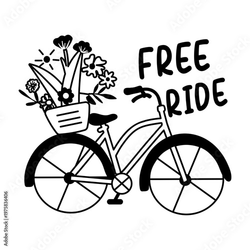 A glyph sticker of a bicycle carrying flowers basket with text "free ride”