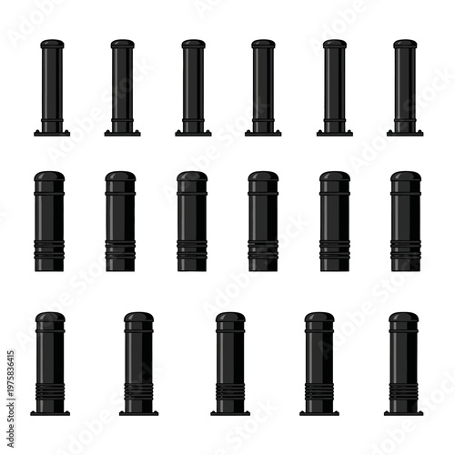 Collection of black bollards, urban street furniture, isolated on white background