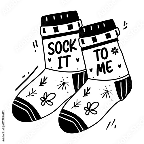 A playful glyph sticker featuring a pair of socks with the phrase "sock it to me"

