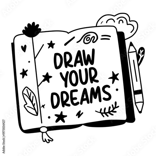 A glyph sticker of art book with text “draw your dreams”

