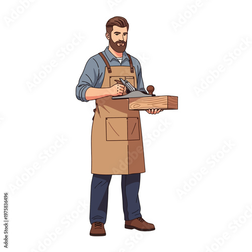 Carpenter man with plane and wood, skilled craftsman at work, professional woodworking illustration