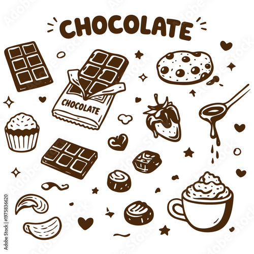 Chocolate sweet dessert doodle set cocoa candy bar drink illustration icons
