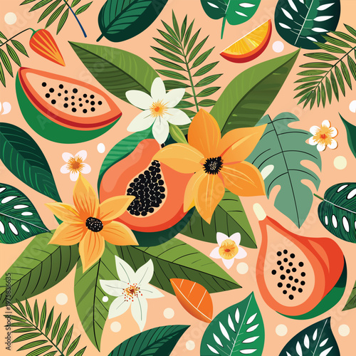 Foto Tropical fruits and vibrant foliage create a seamless pattern