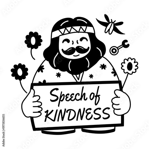 A glyph sticker of a character holding a board with kindness message 

