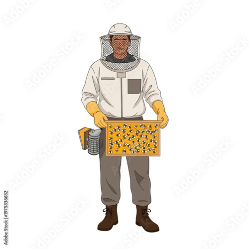 Beekeeper in protective suit holding honeycomb frame with bees on white background