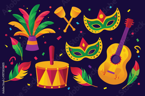 Colorful brazilian carnival elements with masks feathers and instruments