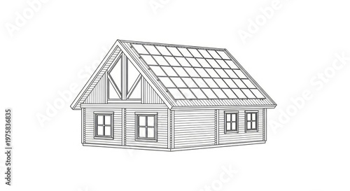 Detailed illustration of a wooden house with solar panels on the roof