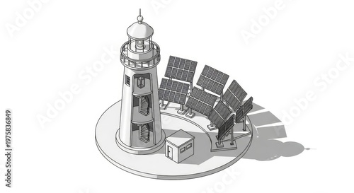 Illustrated lighthouse with solar panels for sustainable energy concept