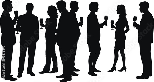 Silhouette of diverse group of people in formal attire holding wine glasses at a social gathering or cocktail party event