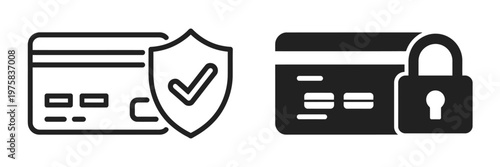 Set of security credit card icons vector illustration featuring banking cards, secure payment symbols, flat minimal design isolated for digital financial applications
