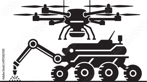 Robotic drone, excavator, and tank, industrial vector icons, black silhouette, futuristic machines