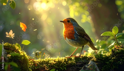 A small bird with vibrant orange and brown feathers stands on a mossy branch