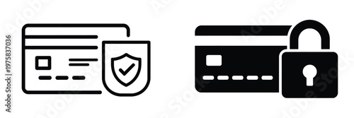 Set of security credit card icons vector illustration featuring banking cards, secure payment symbols, flat minimal design isolated for digital financial applications