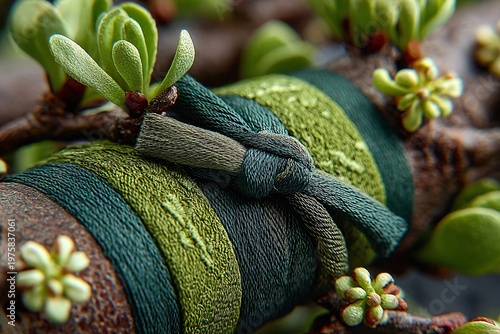 Intricate macro shot showcasing green threads wrapped and tied around a branch with fresh spring foliage.