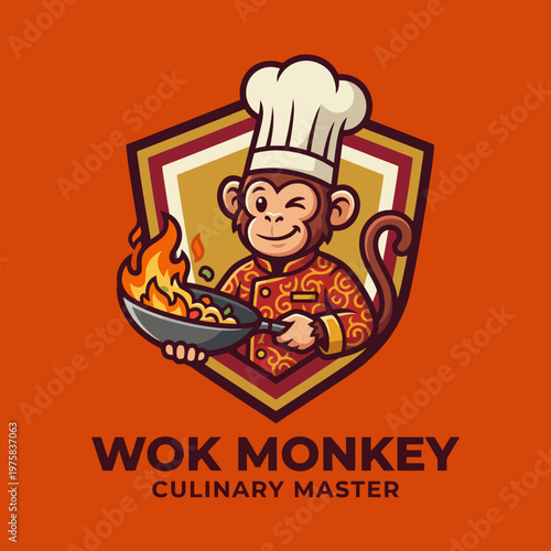 An adorable monkey chef in a traditional chef's hat winks while cooking in a wok, symbolizing culinary mastery and playfulness in the kitchen with vibrant colors.