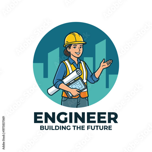 The image depicts an enthusiastic engineer in a hard hat and safety vest, presenting architectural plans, encapsulating the spirit of innovation and construction in the modern world.