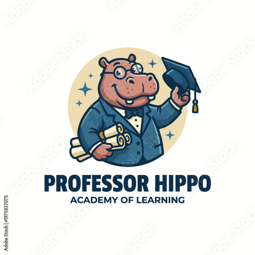 This whimsical illustration features a hippo dressed as a professor, exuding joy and wisdom, holding a diploma and cap, symbolizing fun and creativity in the educational realm.