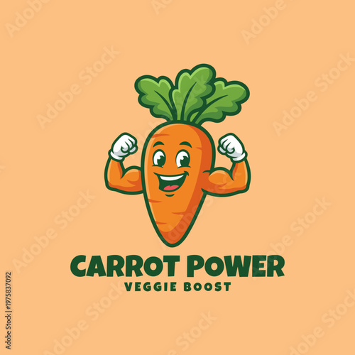 A lively carrot character flexes its muscles, promoting health and nutrition, showcasing a friendly persona to inspire healthy eating with vibrant colors and energetic design.