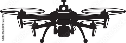 Drone, aerial vehicle, quadcopter, flying robot, black silhouette, vector icon